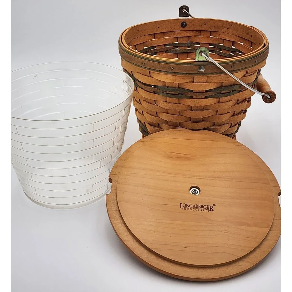 *SIGNED* '02 Longaberger Sage Autumn Round Pail Basket w/Handle, Protector & Lid